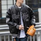 Letter Embroidered Faux Leather Bomber Jacket