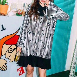 Heart Print Long-sleeve Tie-neck Dress As Shown In Figure - One Size