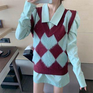 Lantern-sleeve Collared Top / Argyle Sweater Vest