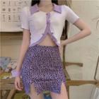 Short-sleeve Contrast Trim Cropped Blouse / Leopard Print Mini Pencil Skirt