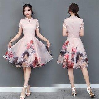 Mandarin Collar Floral A-line Dress