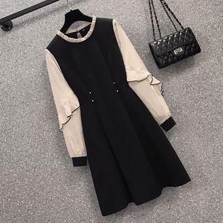 Long-sleeve Dot Mesh Panel Mini Dress