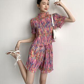 Set: Short-sleeve Tie Dye T-shirt + Shorts Set - Pink & Blue & Yellow - One Size