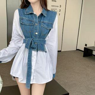Denim Panel Button-up Blouse Blue - One Size
