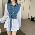 Denim Panel Button-up Blouse Blue - One Size