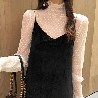 Mock Neck Long-sleeve Sheer Top Beige - One Size