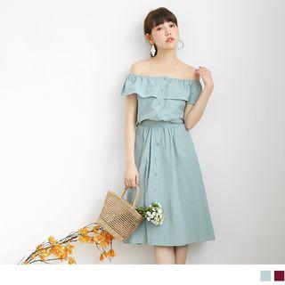 Ruffled Sleeve Off-shoulder Buttoned Midi A-line Dress