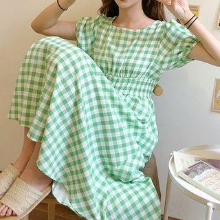 Lace-up Back Plaid Short-sleeve A-line Dress