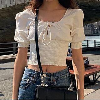 Lace-up Puff-sleeve Cropped Top