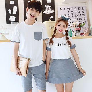 Couple Matching Striped Panel Short Sleeve T-shirt/ Striped Skirt/ Shorts