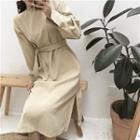 Long-sleeve Slit A-line Dress With Sash Almond - One Size