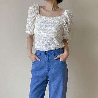 Puff-sleeve Square-neck Lace Top White - One Size