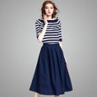Set: Elbow-sleeve Striped Knit Top + A-line Skirt