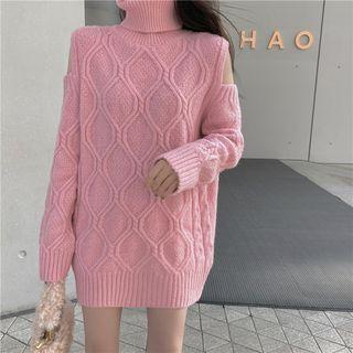 Long-sleeve Mock Neck Off-shoulder Cable Knit Top