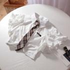 Set: Short-sleeve Blouse + Plaid Tie With Tie - White - One Size