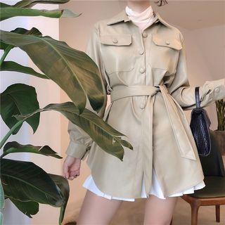 Faux Leather Buttoned Sashed Coat