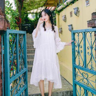 Set: Plain Slipdress + Lace-up 3/4-sleeve A-line Dress