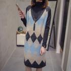 Long-sleeve Top / Sleeveless Pattern Midi Knit Dress / Set