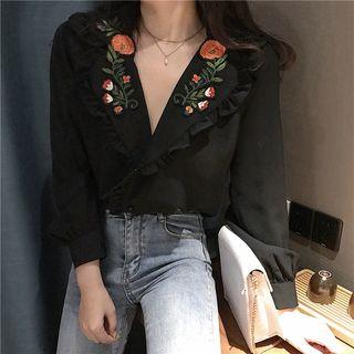 Flower Embroidered V-neck Blouse