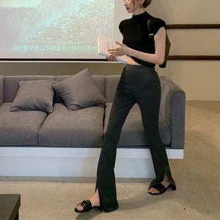 Short-sleeve Mock-neck T-shirt / High Waist Slit-hem Bootcut Pants