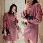 Plain Long-sleeve Mini Dress Pink - One Size