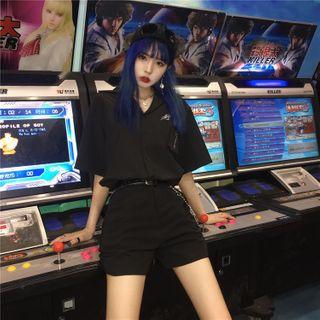 Elbow-sleeve Letter Shirt Black - One Size