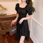 Puff-sleeve Square-neck Plain Shirred Lace-up Dress