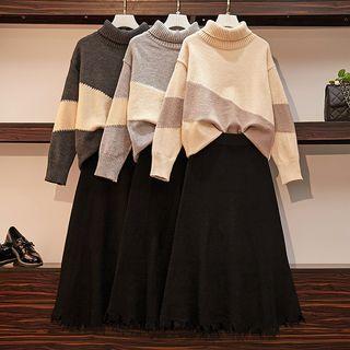 Turtleneck Color Block Sweater / A-line Knit Skirt / Set