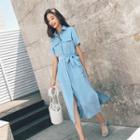 Tie Waist Short-sleeve Midi Shirt Dress