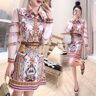 Set: Flower Print Blouse + Mini A-line Skirt
