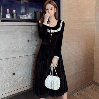 Square-neck Long-sleeve Ruched-trim A-line Long Dress