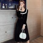 Square-neck Long-sleeve Ruched-trim A-line Long Dress
