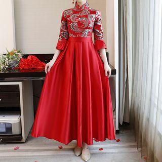 Patterned Elbow Sleeve Chinese Bridesmaid Dress