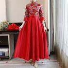 Patterned Elbow Sleeve Chinese Bridesmaid Dress