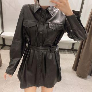 Long-sleeve Faux Leather Mini Shirtdress