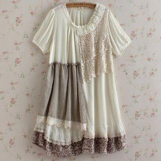 Contrast Lace Panel Short Sleeve Dress
