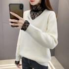 Mock Two-piece High-neck Lace Panel Plain Knit Sweater
