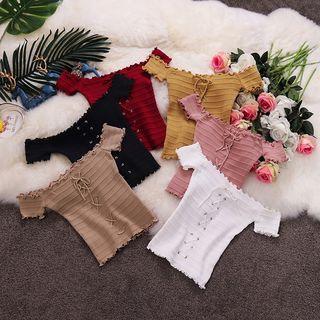 Lace Trim Off-shoulder Short-sleeve Knit Top