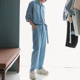 Short Sleeve Pocket Shirt / Belted Straight Leg Pants