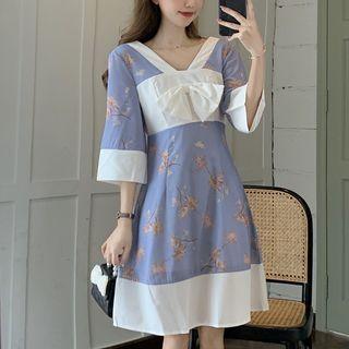 Elbow-sleeve Bow-front Floral Print A-line Dress
