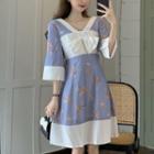 Elbow-sleeve Bow-front Floral Print A-line Dress