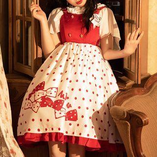 Short-sleeve Two-tone Dotted A-line Dress
