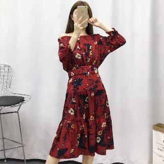 Elbow-sleeve Off-shoulder Floral A-line Midi Dress