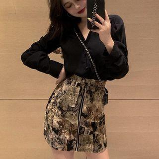 Set: Long-sleeve Shirt + Cat Print Mini Fitted Skirt
