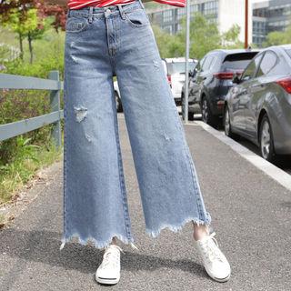 Scallop-hem Distressed Wide-leg Jeans