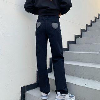 Cropped Heart Patch Straight Leg Jeans
