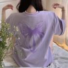 Elbow-sleeve Ribbon Print T-shirt Violet Purple - One Size
