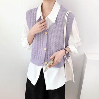 V-neck Plain Striped Button-up Cropped Vest
