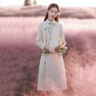 Long-sleeve Flower Embroidered Midi A-line Qipao Dress