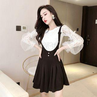 Set: Lace Long-sleeve Top + High Waist Suspender Skort